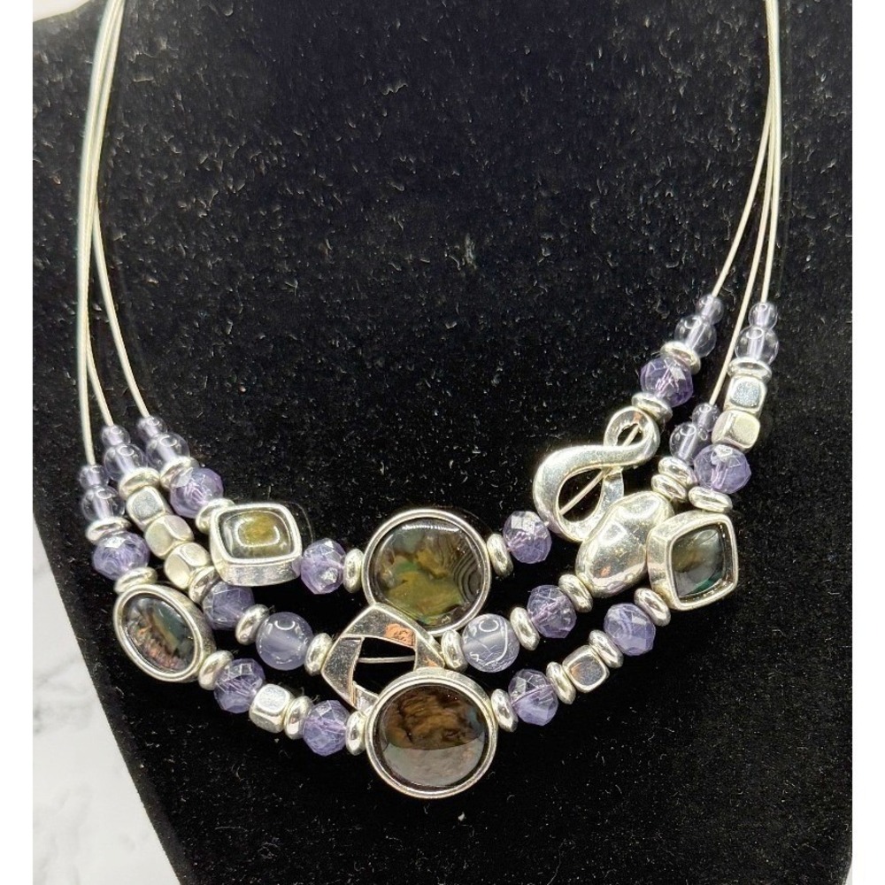 Multi Strand Purple Beaded Necklace Silver Tone Art Glass Statement